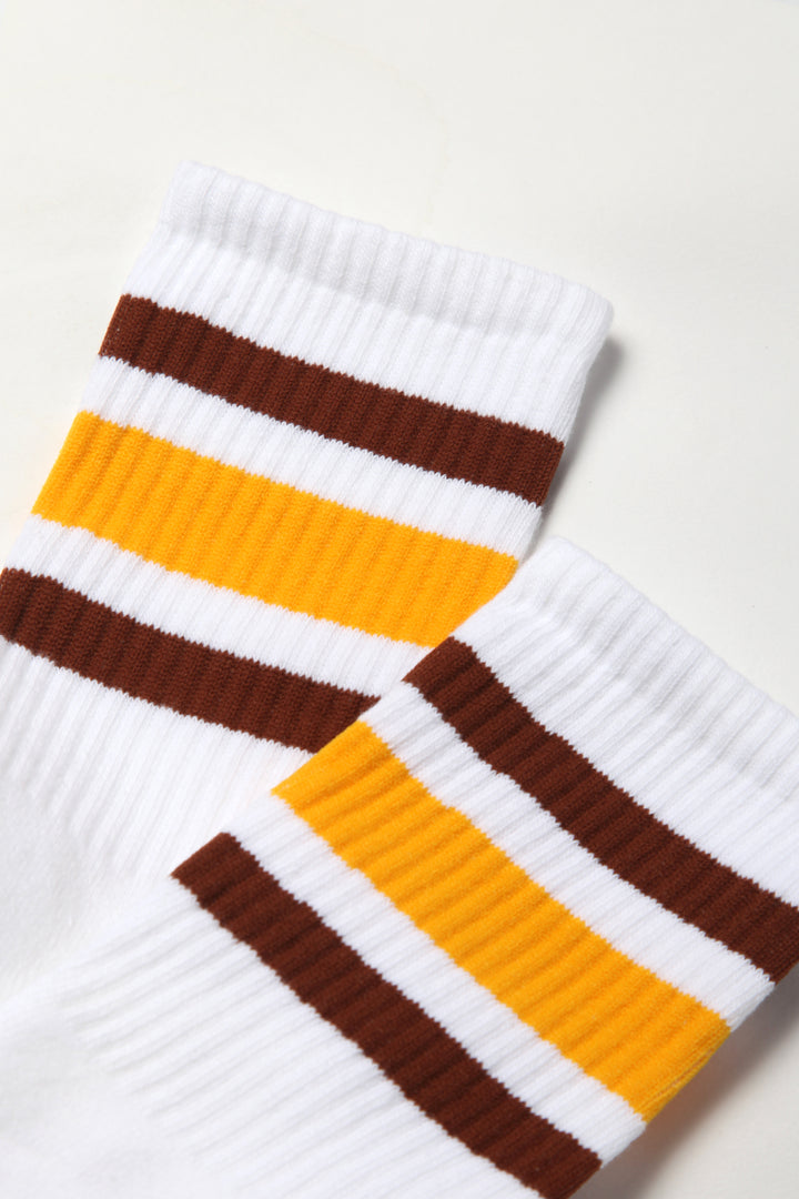 Socco - Striped Crew Socks - Brown/Yellow/White
