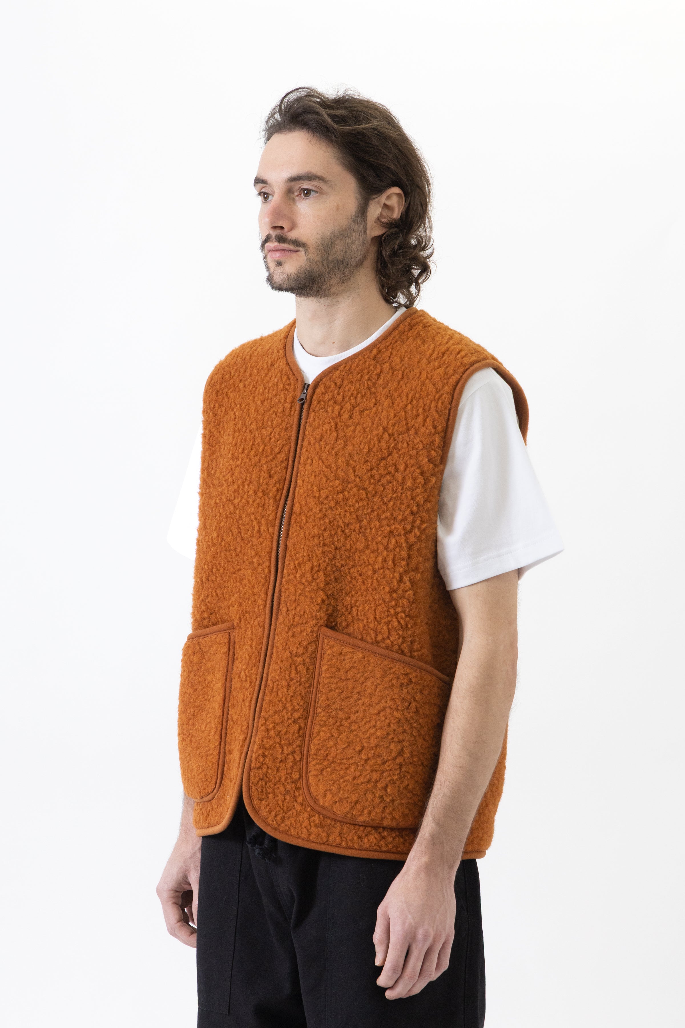 アメリ 24AW FABRIC BLOCKING LONG BOA VEST Coldbreaker Wool Boa Vest