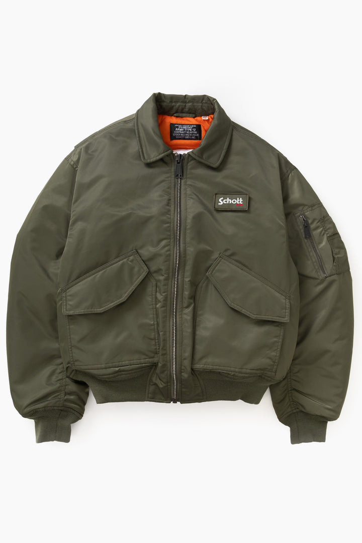 Schott N.Y.C - 90's Nylon Collared Bomber Jacket - Army Khaki