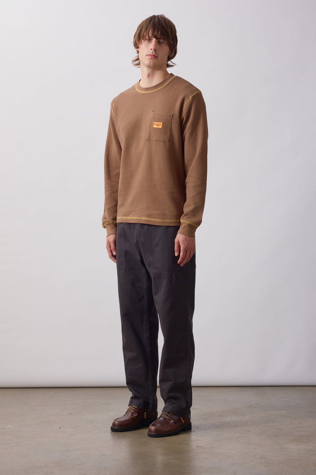 Service Works -  Waffle Contrast Thermal Long Sleeve Tee - Brown/Yellow